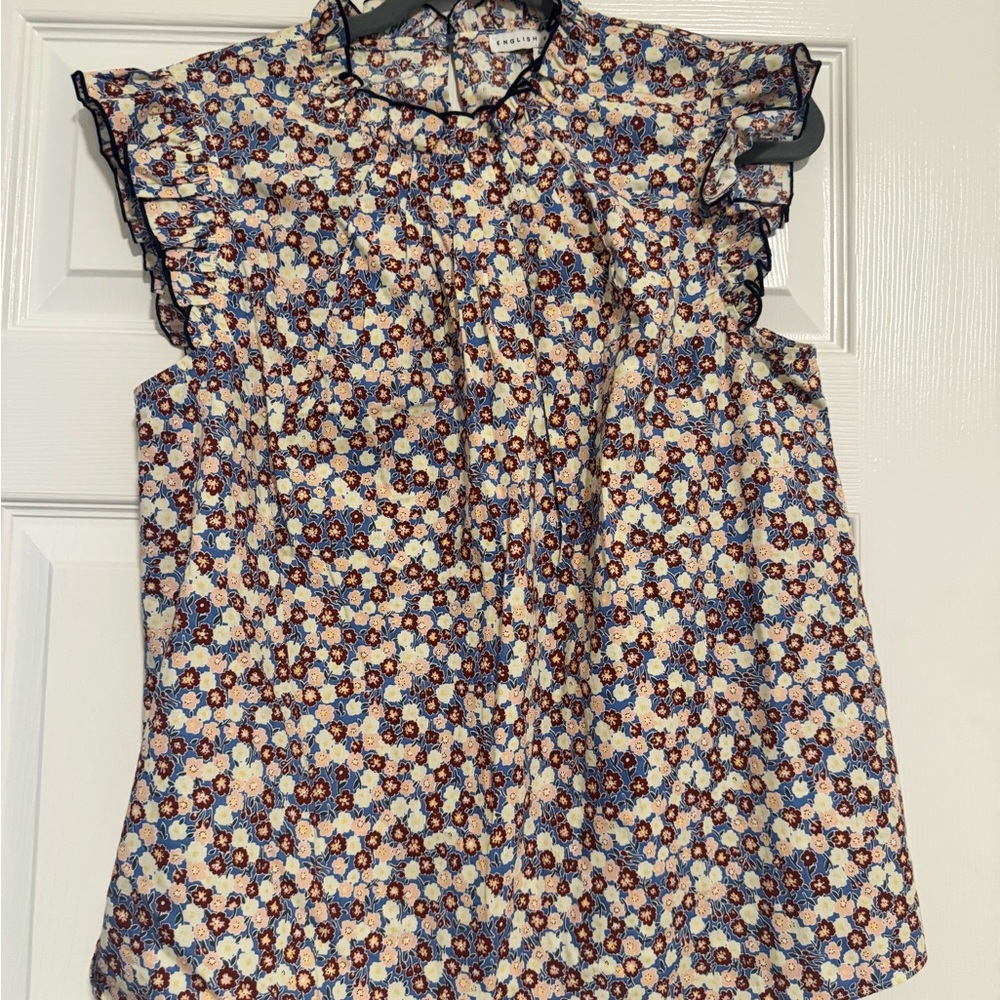 English Factory Floral Ruffle Sleeve Blouse - Blue and Brown